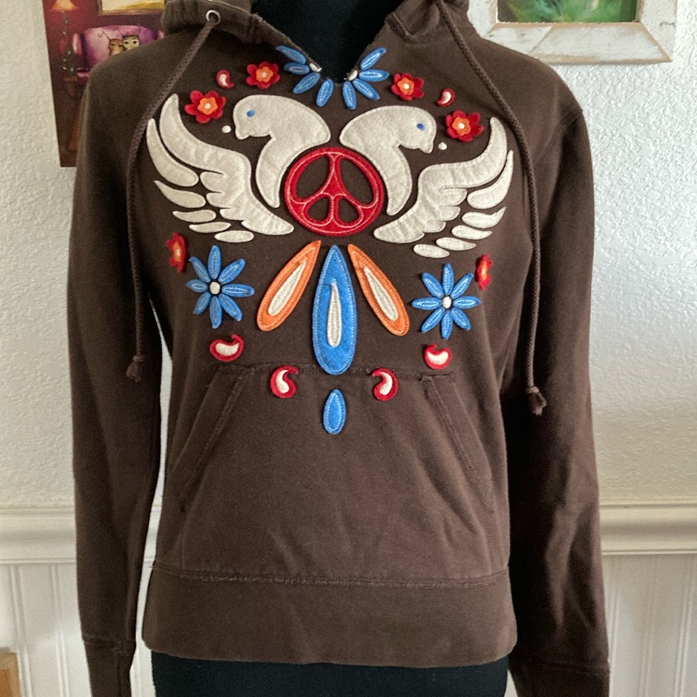 Vintage Lucky Brand Hoodie with Retro Woodstock Hippie Style Embroidery XS